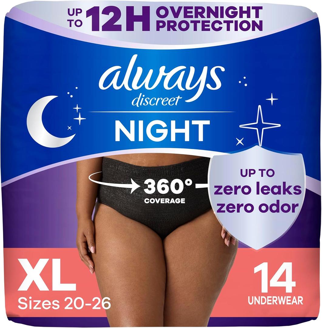 Always Discreet Overnight Adult Incontinence & Postpartum Bladder Leak Underwear for Women, Disposable, XL, 14 Count