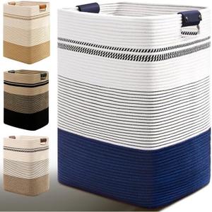 Laundry Hamper, 95L Tall Laundry Basket with Leather Handles, Rectangle Large Clothes Hamper for Organizing, Cotton Woven Laundry Baskets Storage Hampers for Bedroom, Nursery, Living Room (Dark Blue & White)