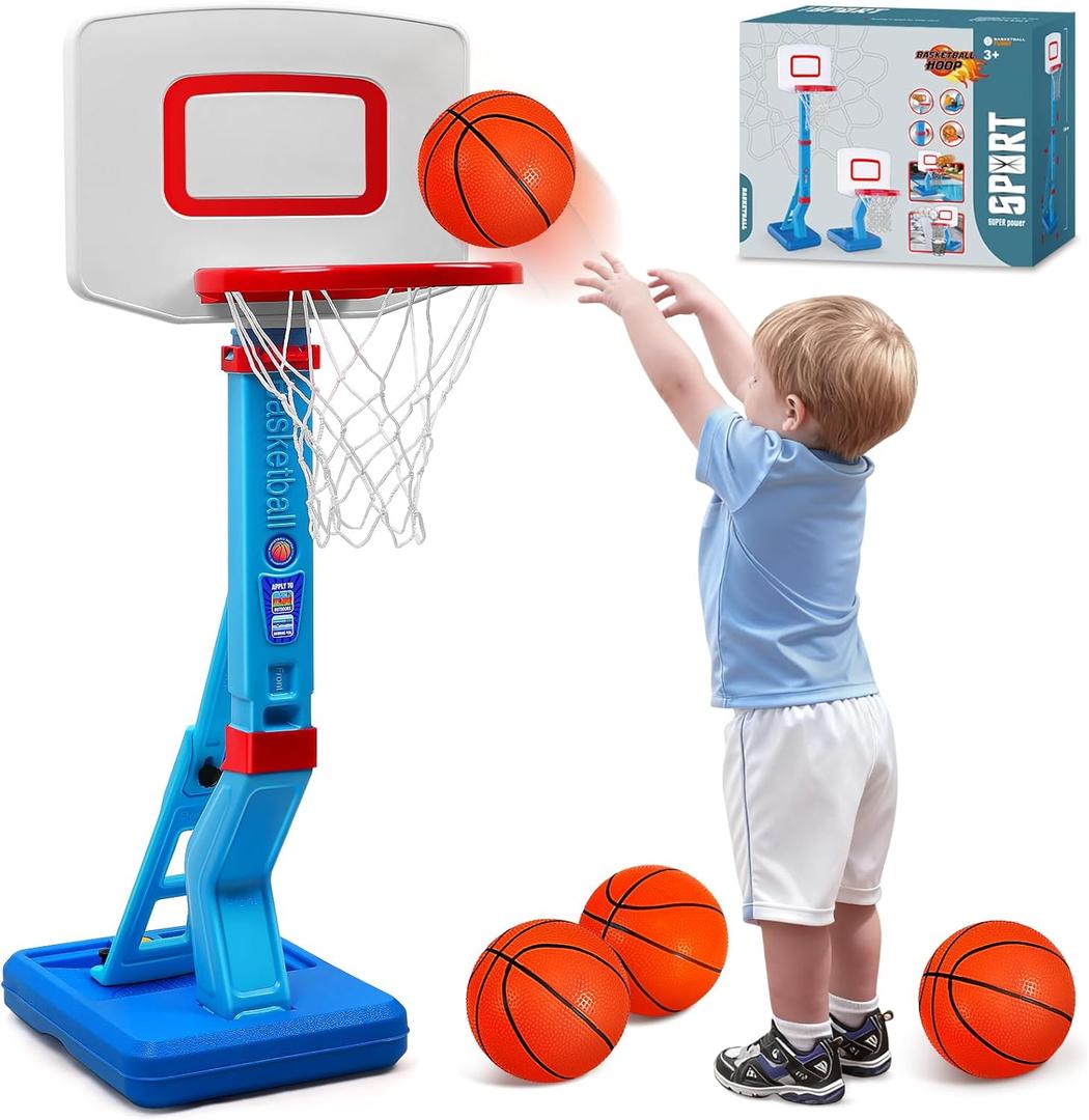 Toddler Basketball Hoop Indoor Outdoor - Height Adjustable 27.6-54 Inches (5 Slots), Kids Basketball Hoop with 4 Inflatable Balls & Pump, Safe Toddler Toys for 1-6 Year Old Boys Girls (Blue)