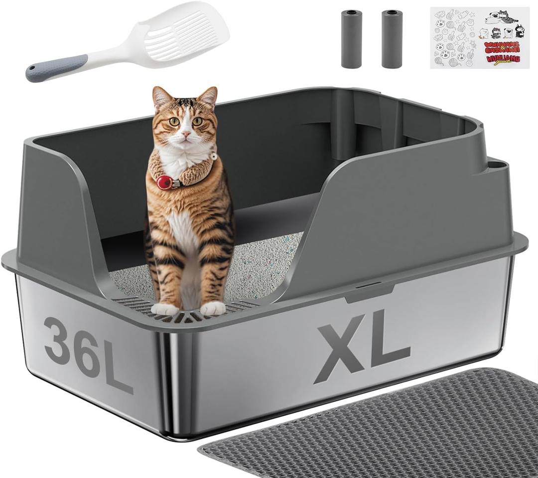 Non-stick Stainless Steel Litter Box, XL Side Opening Splash-Proof & Leak-Proof Seamless Seal, Ellenpent Large Capacity, Cat Litter Box with Lid for Multi-Cats, Large Cats, Easy-Clean & Durable (Gray)