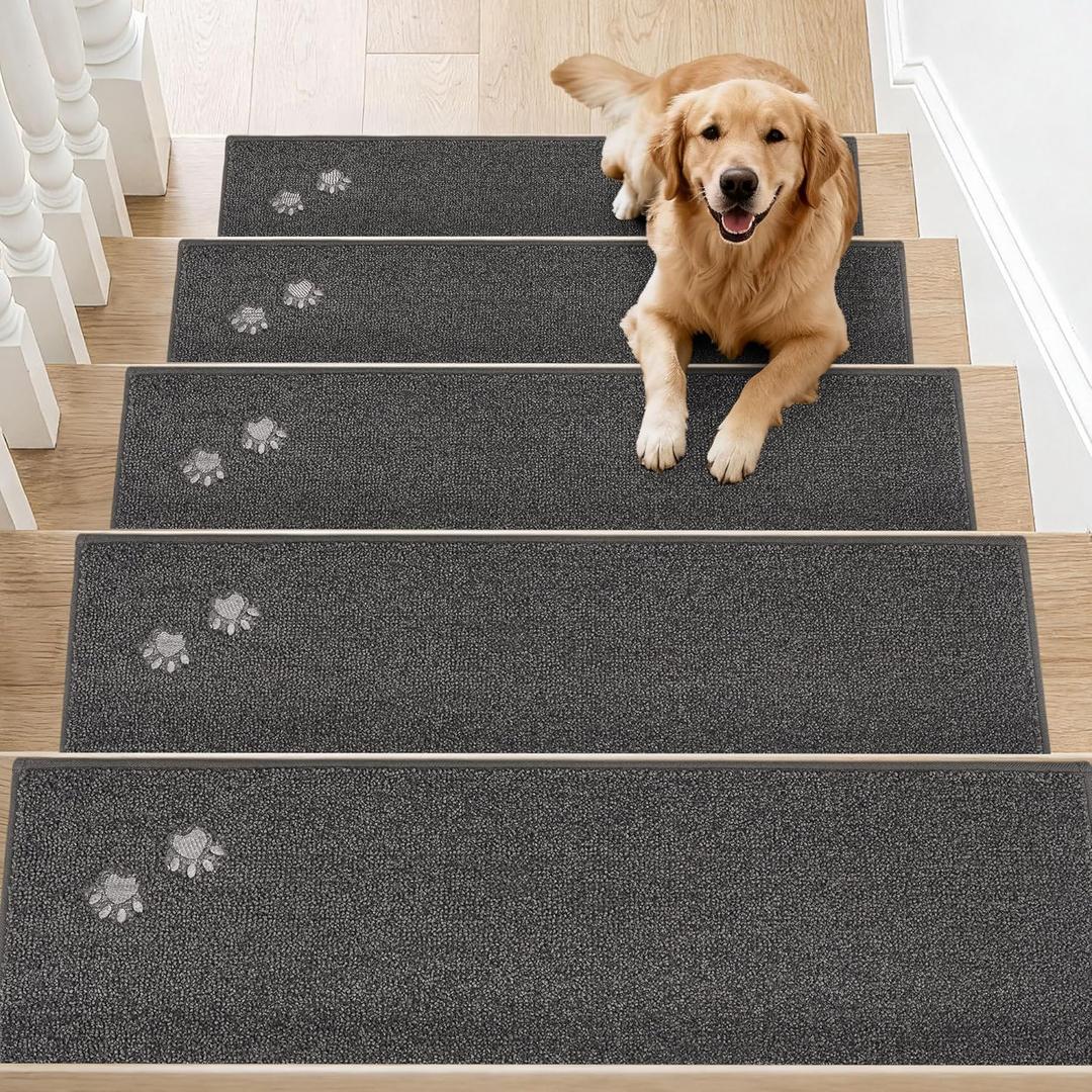 BEQHAUSE Stair Treads for Wooden Steps 28inX9in, Non Slip Carpet Stair Treads Indoor Stair Runners Machine Washable, Soft Stair Rugs Mat Surface Polyester TPE Backing, 4pcs, Charcoal