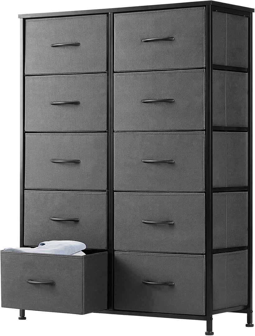 DUMOS Dresser for Bedroom, 10 Storage Drawers, Wide Fabric Closet Chests Organizer Tower Furniture with Wooden Top Metal Frame for Clothes, Guest Room, Living Room, Hallway, Entryway