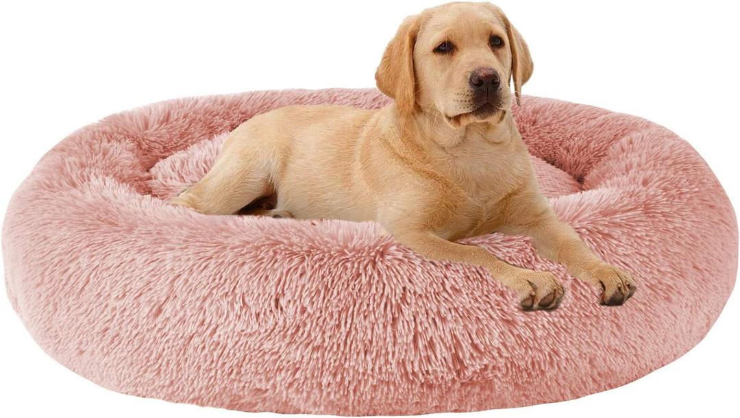 MFOX Calming Dog Bed for Medium and Large Dogs Comfortable Pet Bed Faux Fur Donut Cuddler (27.0"L x 27.0"W x 8.0"Th, Red)