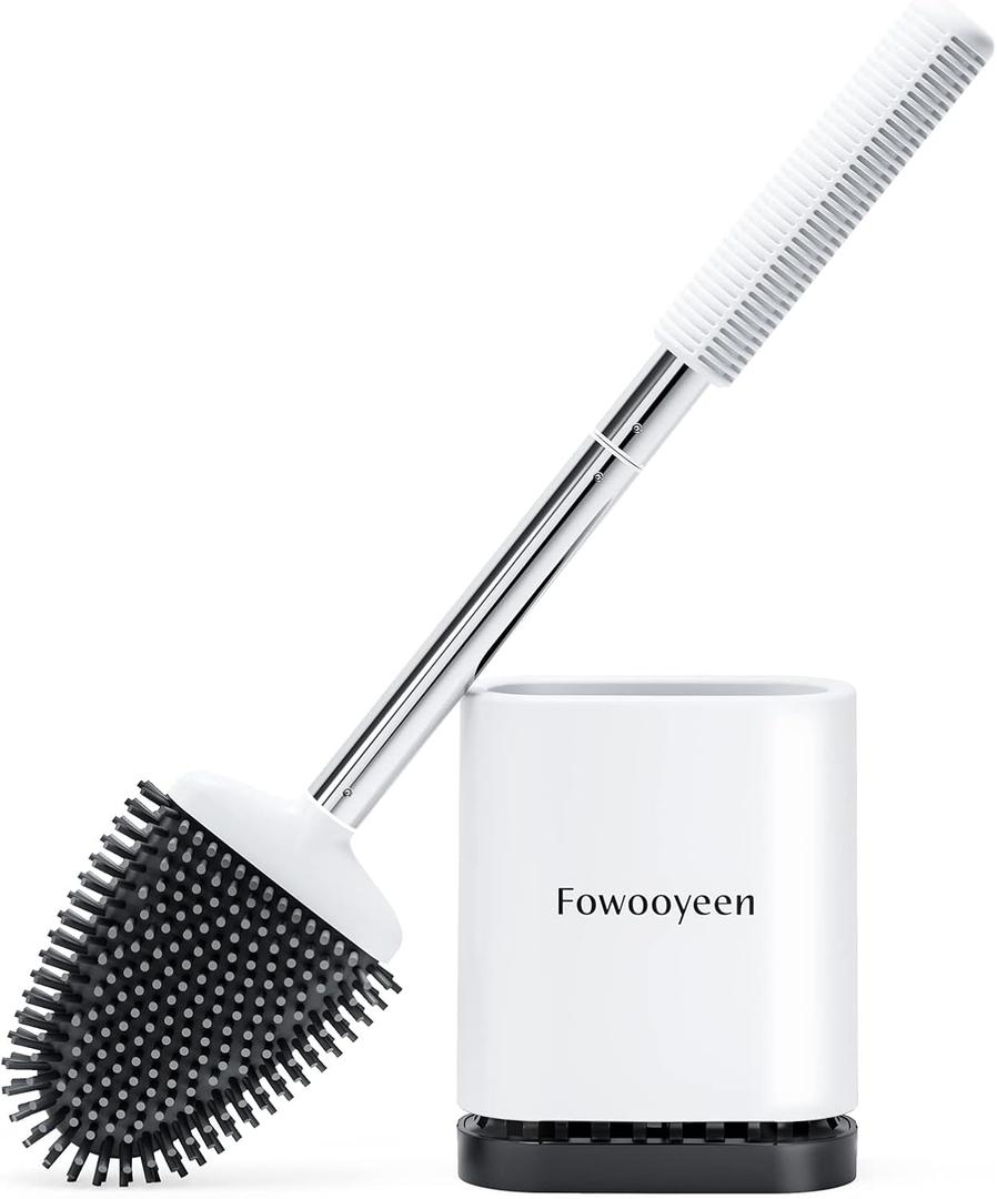 Fowooyeen Toilet Brush and Holder Set, Silicone Toilet Bowl Brush with Stainless Steel Handle, Space-Saving Ventilated Drying Holder, White 1 Pack