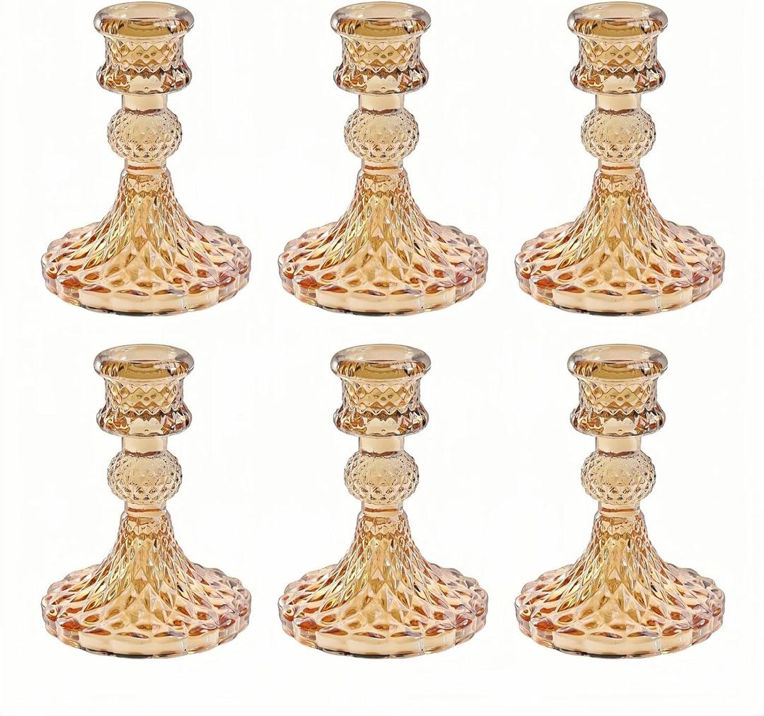 Glass Candlestick Holder,Striped Taper Candle Holders,Set of 6 Candle Stand for Table Centerpieces, Home Decor,Weddings,Festival and Parties (Amber Dimond Pattern)