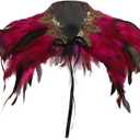 Women Feather Shawl Gothic Lace Cape Halloween Witch Cosplay Costume Carnival (Red)