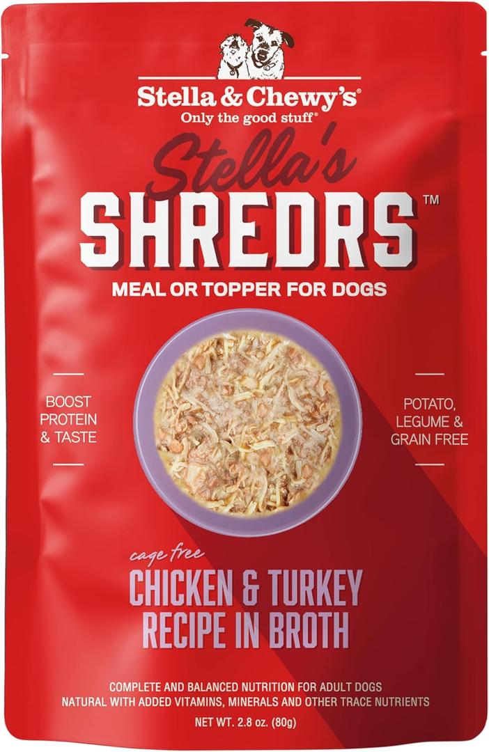 Stella & Chewy's Cage Free Chicken & Turkey Shredrs - Premium Dog Food Pouches - Perfect for Picky Eaters - 12 Pack, 2.8oz Each (EXP 02/08/27)