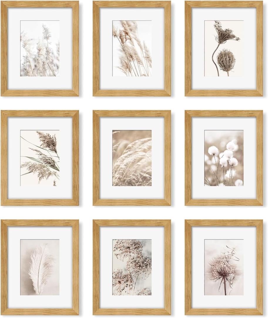 8x10 Picture Frame Set of 9, Display Pictures 5x7 with Mat or 8 x 10 Without Mat, Multi Photo Frames for Wall Mounting or Table Top Display, Natural Oak