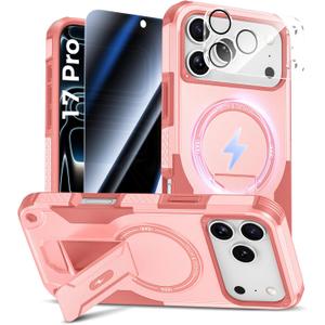 Goton for iPhone 17 Pro Case with Privacy Tempered Glass Screen Protector & Camera Lens Protector, Compatible with MagSafe, Invisible Kickstand, Shockproof Phone Cover, Pink