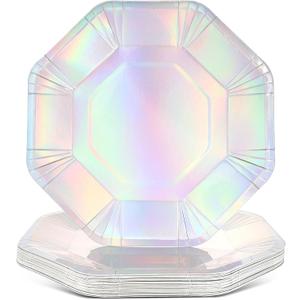 BLUE PANDA 24 Pack Holographic Paper Plates, 9 Inch Octagon Iridescent Holographic Plates, Disco Themed Party Supplies, Birthday Decorations, Disposable - Iridescent Party Tableware
