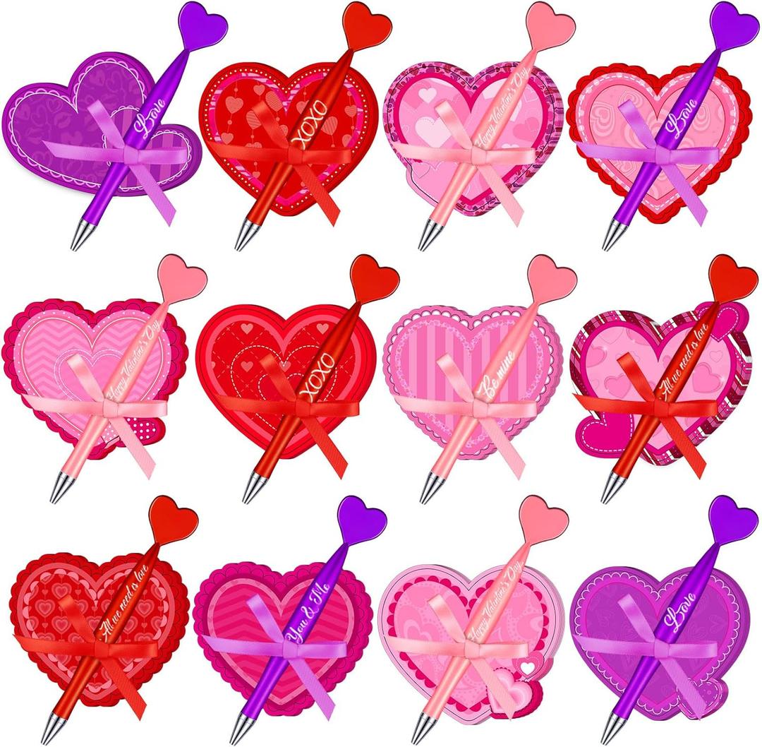 Thenshop 48 Pcs Valentine's Day Sticky Notes with Pens Set Galentines Gifts Bulk 24 Heart Ballpoint Pens 864 Sheets Heart Sticky Notes and 3 Rolls Ribbon for Valentines Exchange Gifts Party Favors