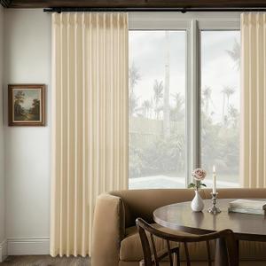 Beige Pinch Pleat Linen Curtains for Patio Sliding Door 72 Inch Width 120 Inches Long Light Filtering Semi Sheer Custom Cotton Extra Wide 72 x 120 Curtain Panels for Living Dining Room Balcony 10FT