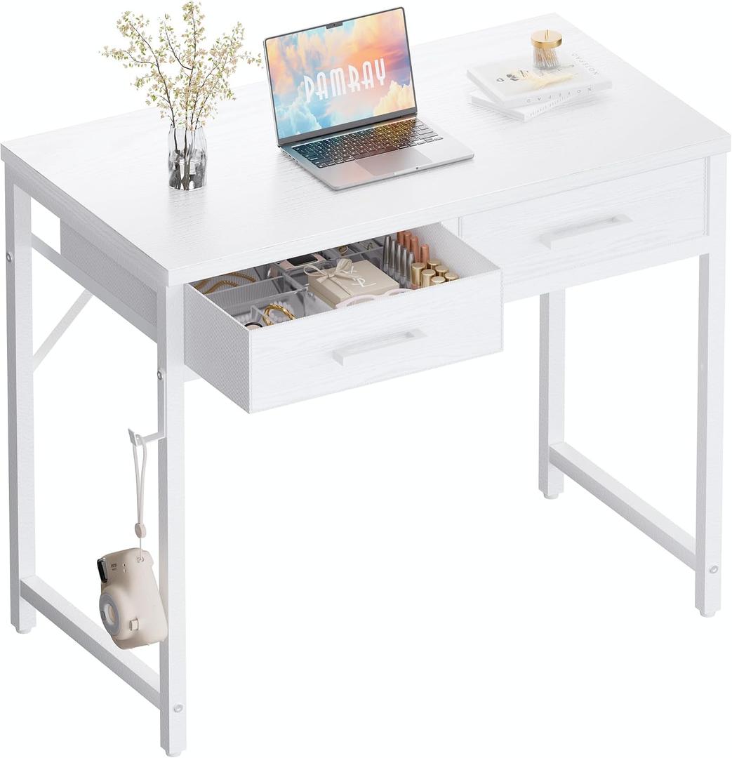 Pamray 32 Inch Small Computer Desk with 2 Drawers for Bedroom Study Writing Home Office Table for Small Spaces White