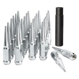 DYNOFIT 14 mm x 1.5 Wheel Spike Lug Nuts, 24 x Chrome M14x1.5 Lug Nut, Cone/Conical Bulge Seat, DYNOFIT Silver Closed End Nuts with 1 Socket Key for Chevy Silverado Aftermarket Wheel