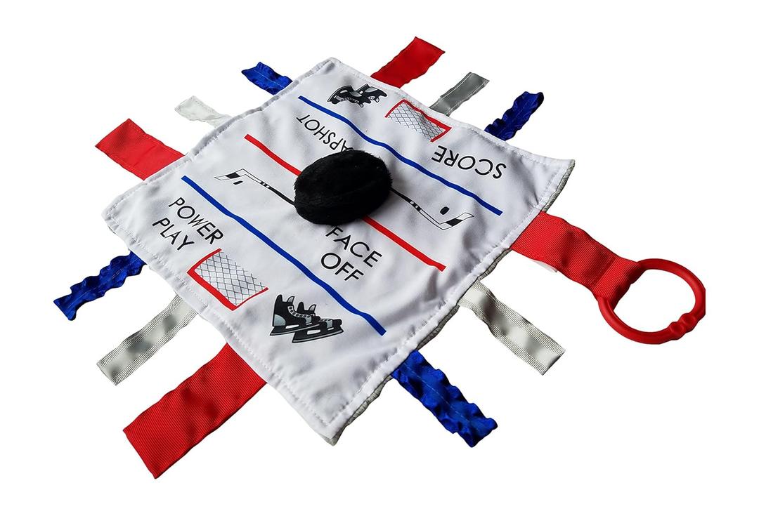 Baby Jack & Co 10x10 Hockey Sports Lovey Sensory Plush Blanket - Tag Toys for Babies - Baby Stroller Toys - Learn Shapes, Letters & Colors - MVP Baby Puck Toy & Baby Sports Gift w/Stroller Clip