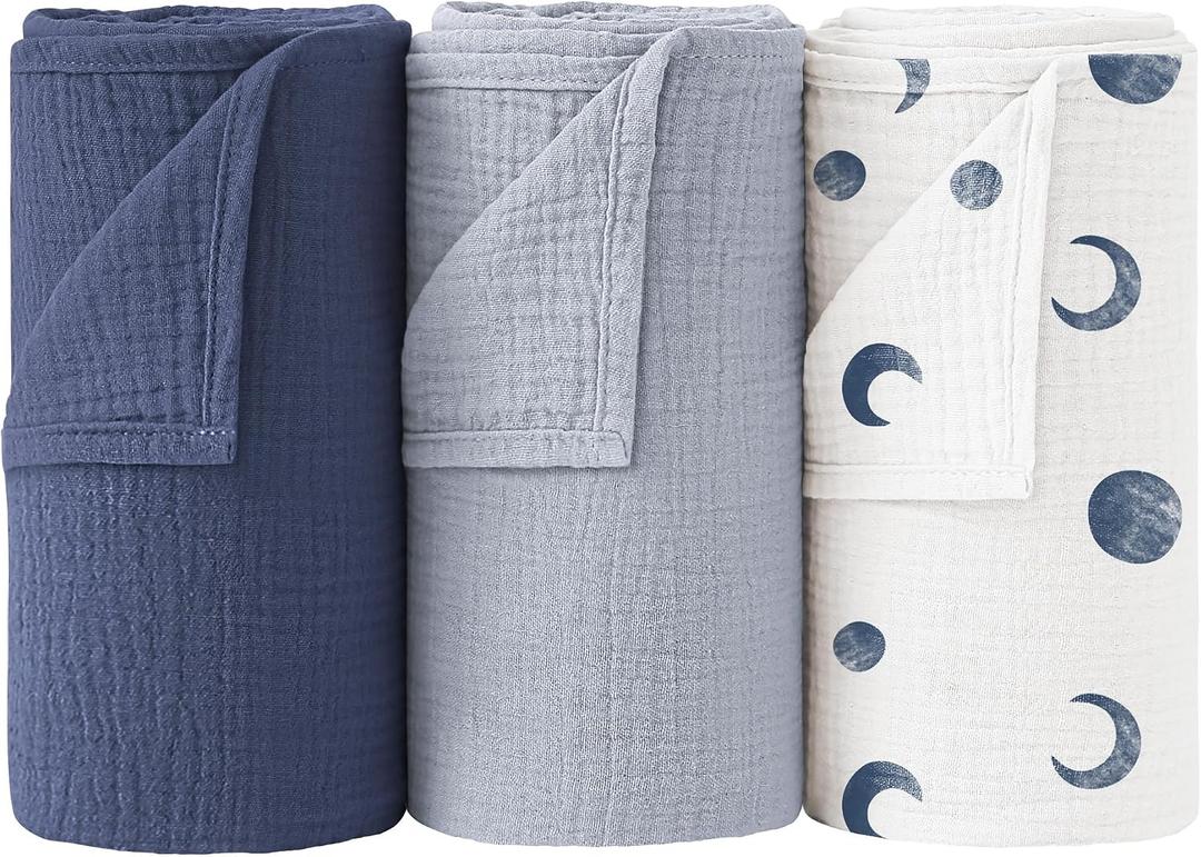 Bearmoss Muslin Swaddle Blankets, 40 x 38 inches Baby Swaddle for Boys and Girls, Soft Baby Blanket, 3 Pack Breathable Nursery Receiving Blankets (Bluemoon)