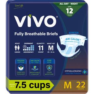 VIVO Organic Cotton Overnight Sensitive Skin Adult Incontinence Diaper Briefs with Tabs, Medium 22 Count