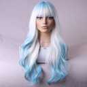 BERON Blue and White Long Wigs Curly Wavy Women's Wigs with Bangs Blue White Ombre Colorful Heat Resistant Synthetic Wigs for Cosplay or Daily Wigs Wig Cap Included