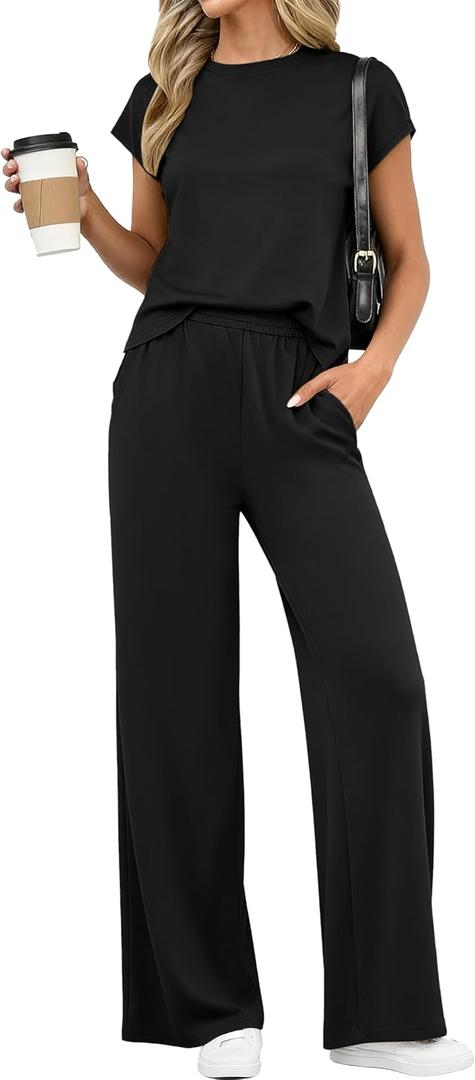 PRETTYGARDEN Womens 2 Piece Outfits Casual Cap Sleeve Lounge Set Summer Tracksuits Matching Sets Beach Fashion Travel Clothes (Large, Black)