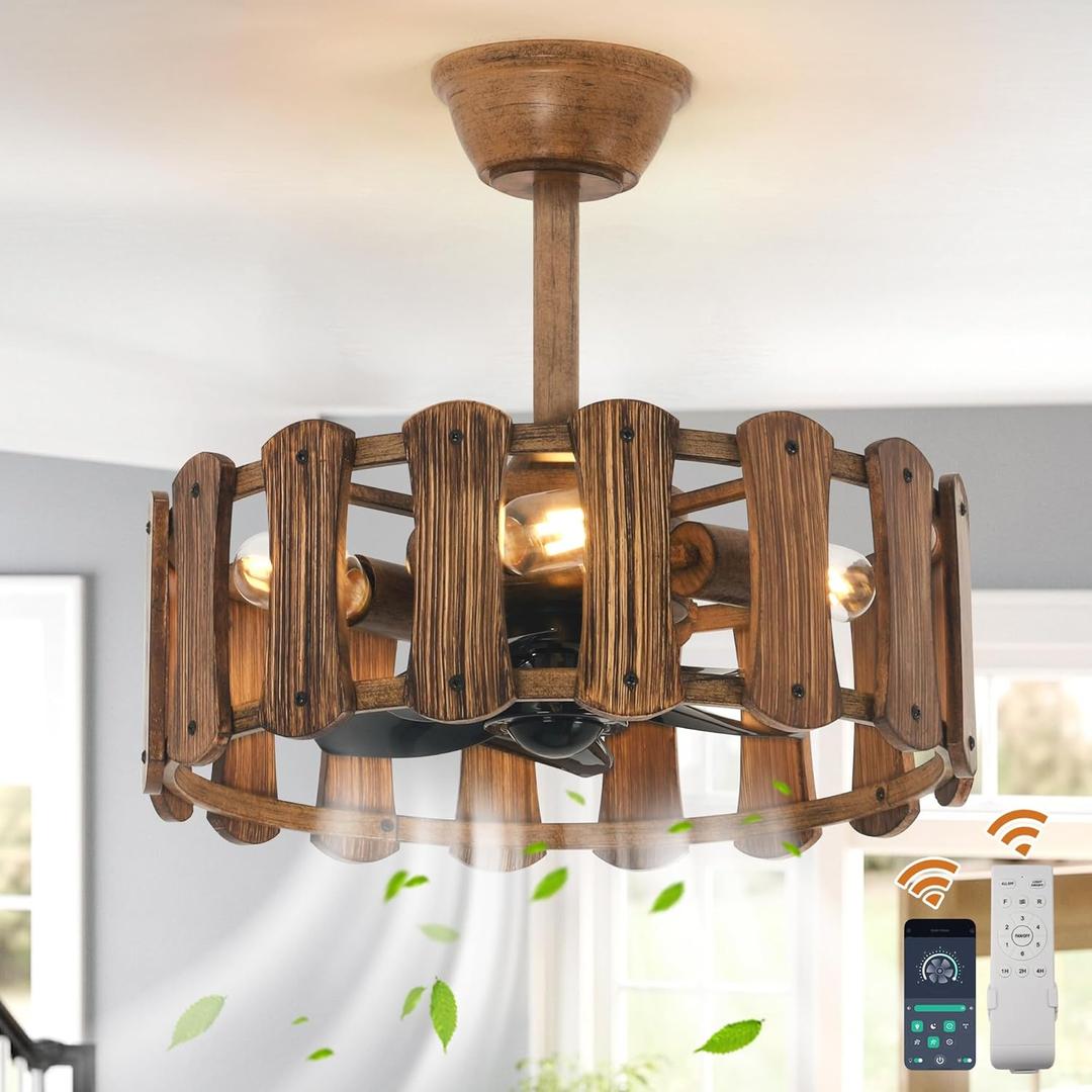 Garwarm 18in Caged Ceiling Fan with Light, Chandelier Farmhouse Ceiling Fans with Lights and Remote,Bladeless Rustic Fandelier Ceiling Fan for Kitchen, Bedroom6 Speed, Timing-Rustic Wood