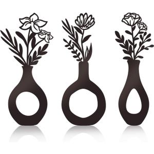 KOYILTD 3 Pcs Black Flowers and Vases Wall Decor Metal Flower Wall Decoration Metal Vase Wall Art Floral Room Wall Decor Minimalist Wall Art for Home Living Room Bathroom Dining Room (Elegant)