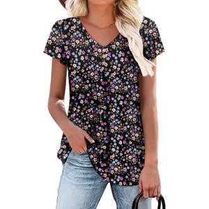 Angerella Women Tunic Tops Dressy Casual Summer Short Sleeve V Neck Shirts Floral Loose Fit Pleated Boho Top S-3XL (Medium)