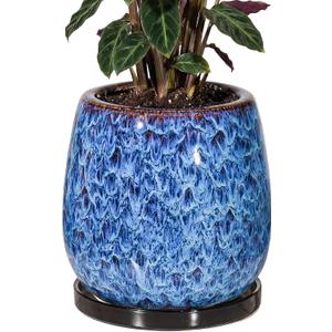 10.3 Inch Ceramic Glaze Plant Pot with Saucer, Flower Pots with Drainage Hole Mesh Net (Blue)