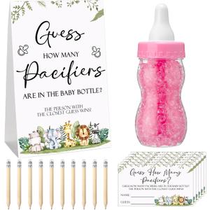 Roowest 512 Pcs Baby Shower Games Guess How Many Pacifiers Sign 100 Small Guessing Games 10 HB Pencils 750ml Milk Bottle 400 Acrylic Pacifiers Decoration for Guest Gender Reveal(Pink,Animal)