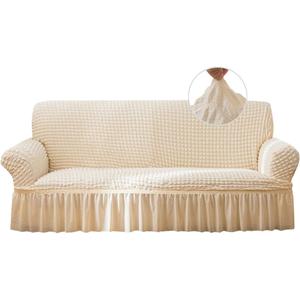 Qubjus Stretch Sofa Slipcover Sofa Covers Washable Couch Sofa Bed Cover Easy Fit Furniture Protector with Elastic Bottom and Skirt (Off- White, Large)