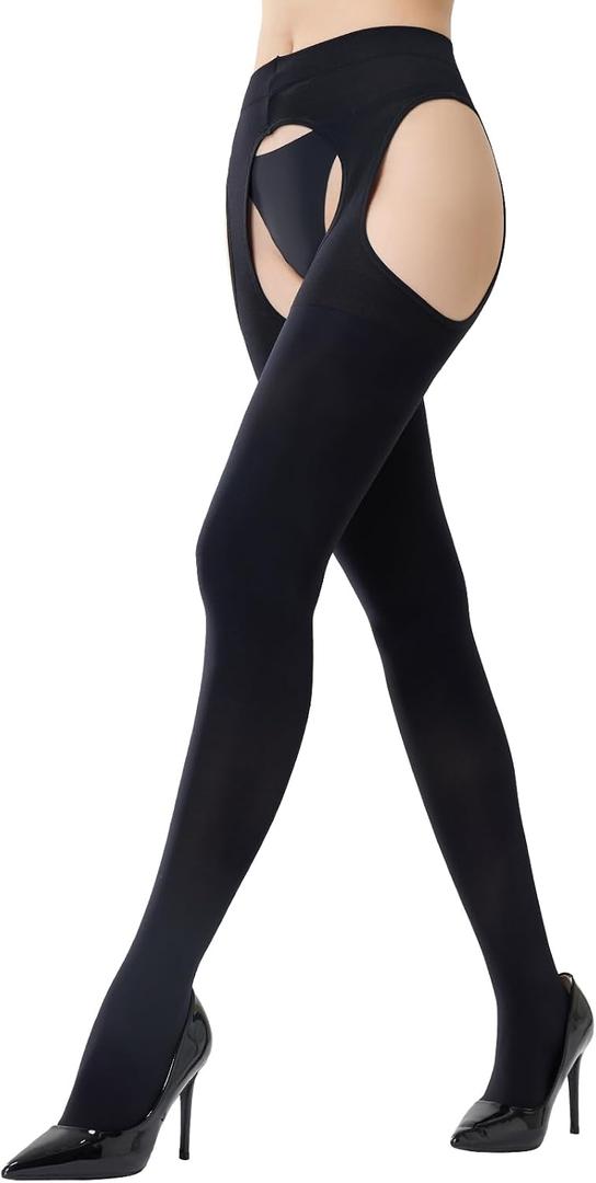MANZI Suspender Tights for Women Opaque Garter Belt 60D Suspender Pantyhose Sheer Thigh High Stockings (Black, XL)