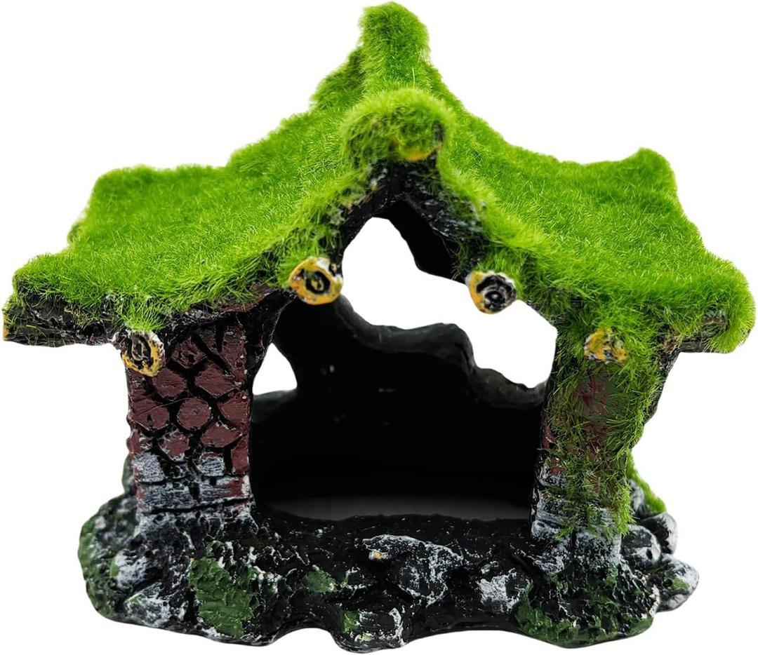 Tfwadmx Aquarium Decoration House Resin Hollow Hideout House,Small Betta Fish Hide Accessories Cave Ornament Tank Small Fish Shrimp Hideaway with Moss