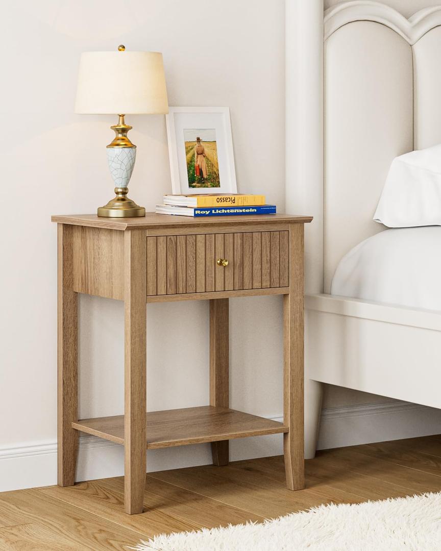 Fluted Nightstand, Farmhouse Night Stand with 1 Drawers, Mid Century Modern Side Accent Table,Bedside End Table for Bedroom, Living Room, Natural