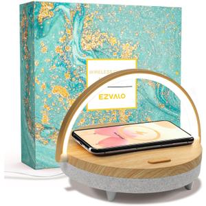 EZVALO Birthday Gifts for Women, Music Table Lamp with Wireless Charger, 4 in 1 Touch Bedside Lamp, Bluetooth Speaker, Phone Holder, Dimmable LED Night Lights Birthday Gifts for Women, Men, Dad, Mom (Wood Grain)