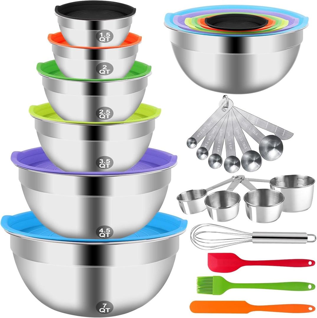 WEPSEN Mixing Bowls with Lid Set, 27PCS Kitchen Utensils Metal Bowl Stainless Steel Nesting Bowls, Measuring Cups and Spoons, Egg Whisk for Baking