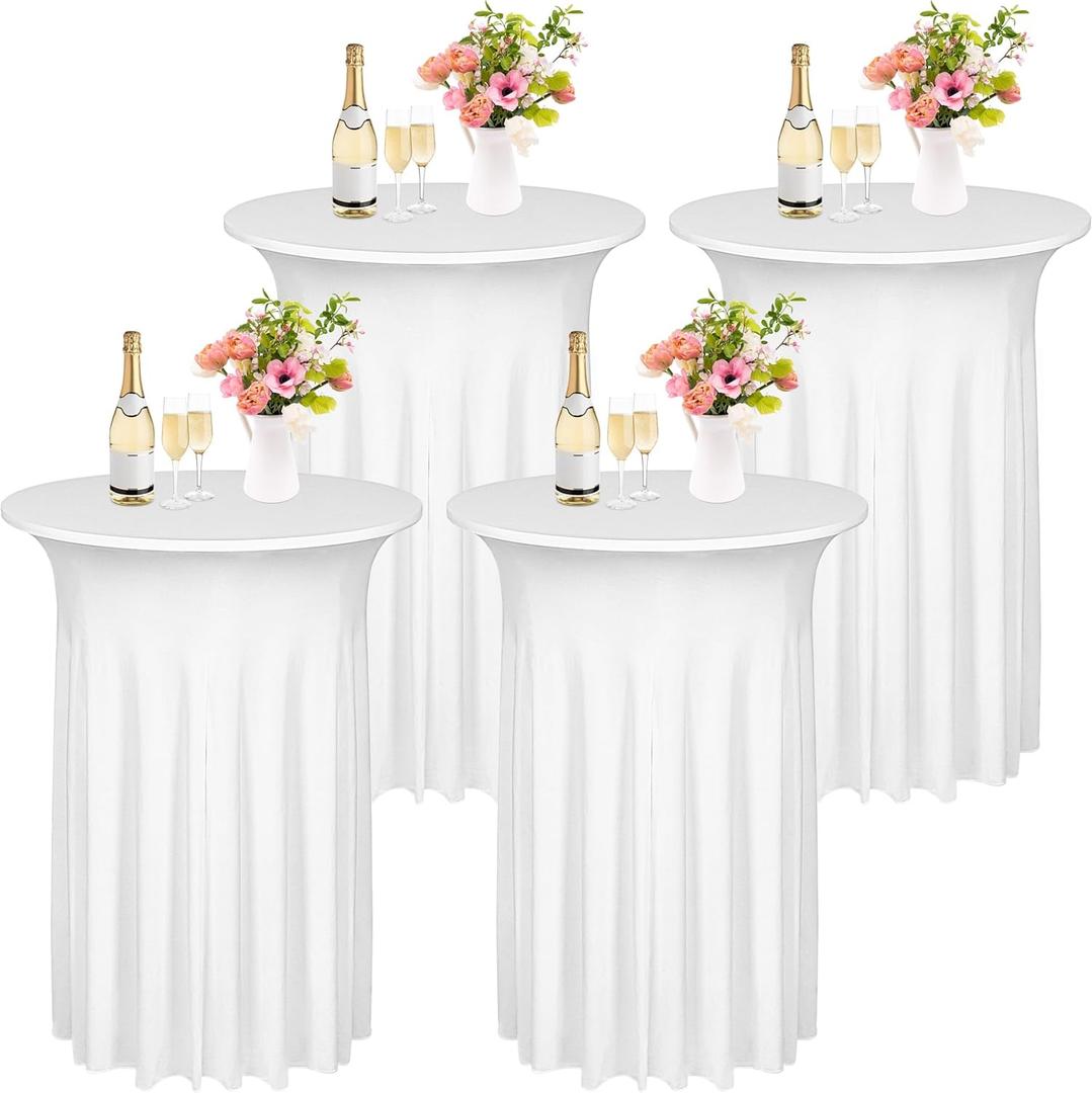Kochorie 4 Pieces Cocktail Table Skirt Round Cocktail Table Covers 32 x 43 Inch Spandex Stretch High Top Table Cloth for Wedding Table Bar Banquet Party Supplies (White)