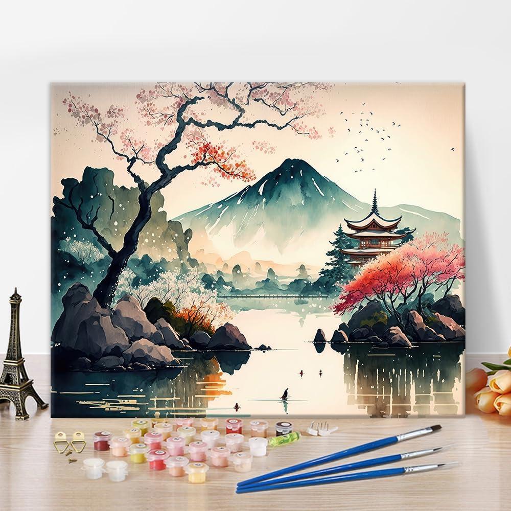 Japanese Landscape Paint by Numbers Mount Fuji Paint by Numbers Kit for Adults Japan Cherry Trees Watercolor Paint by Numbers Kits Easy Paint by Numbers for Beginners Frameless Gift 50x40
inches