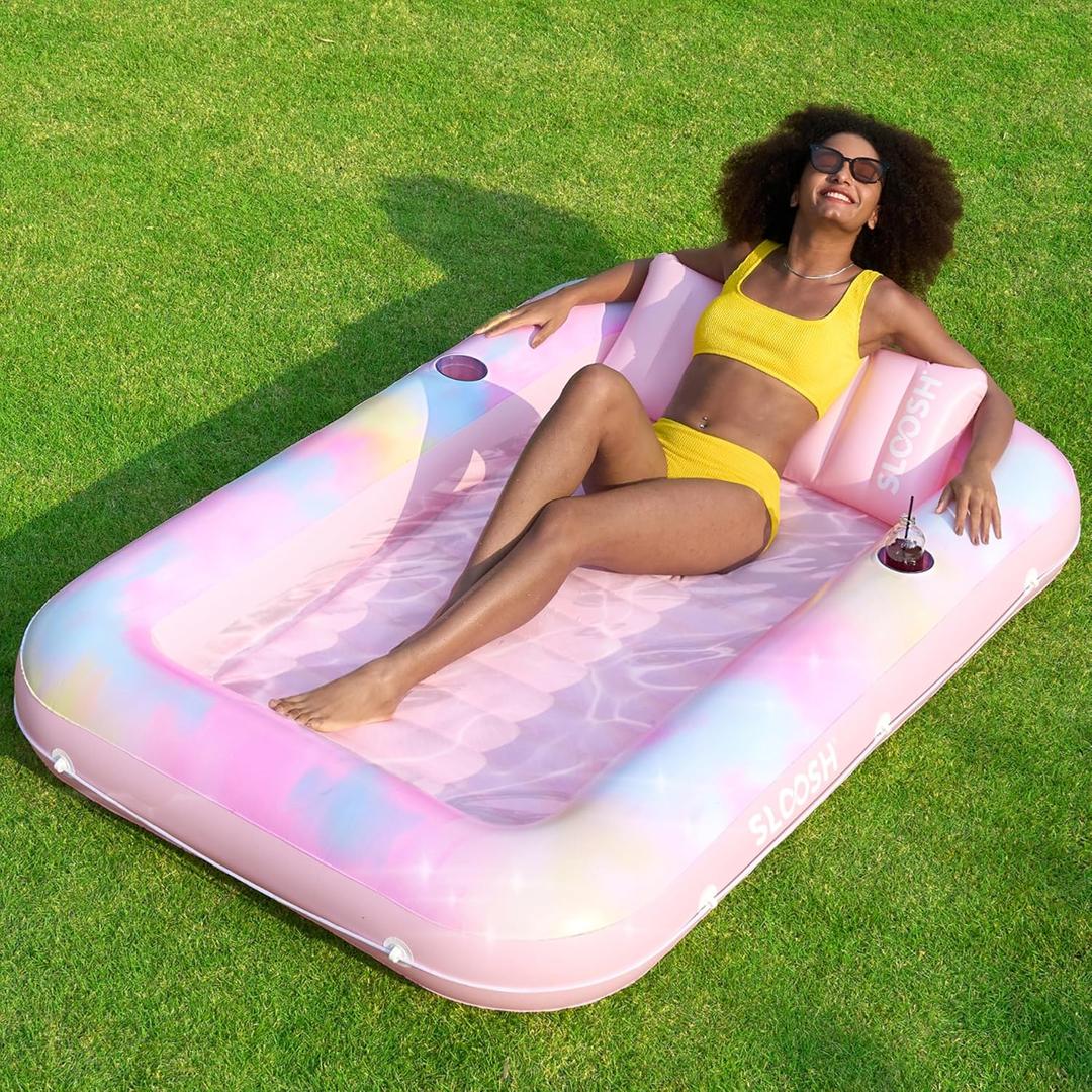 SLOOSH Inflatable Tanning Pool Lounger Float, 70" x 46" Pool Floats Adult with Pillow, 4 in 1 Suntan Tub Raft Floatie,Sunbathing Bed Lounge for Water Blow Up Ball Pit Party Gifts