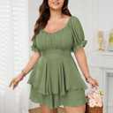 SCOMCHIC Women Plus Size Rompers Dresses Short Sleeve, Square Neck, Cotton, Shorts Jumpsuit Playsuits, Sage Green, XL