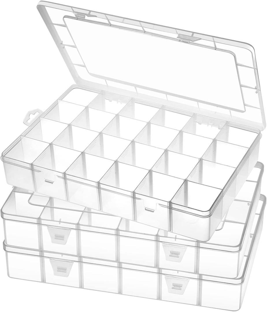 Gbivbe Large 24 Grids Plastic Organizer Box Adjustable Dividers,Clear Storage Box for Jewelry, Art DIY Crafts, Washi Tapes, Beads and Small Parts(3 Pack)