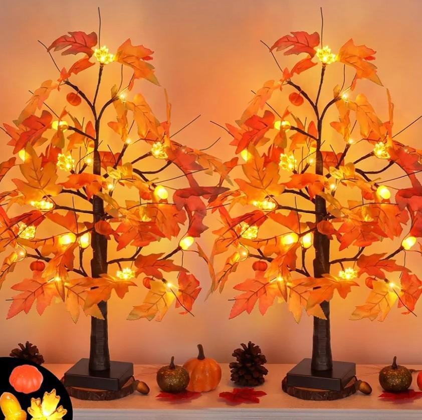 2 Pack 24 Inch Maple Tree Fall Thanksgiving Table Decorations with 48LED Battery Operated Lighted Tabletop Artificial Tree with Pumpkin Acorn Maple Fall Thanksgiving Decor Centerpieces Indoor for Home