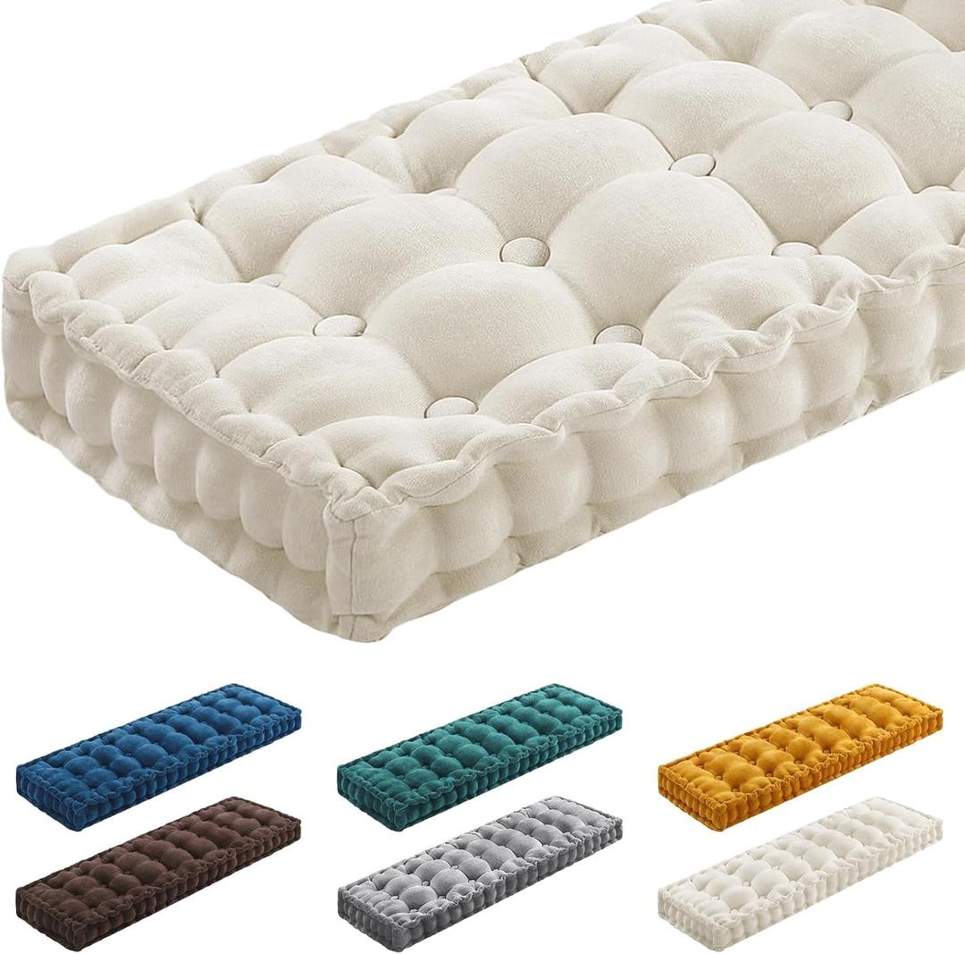 Geelin 36x14 Inch Bench Cushions for Indoor Furniture Chenille Velvet Beige Button Tufted Thicken Seat Pad Mat with Memory Foam, Window Floor Sofa Chair Cushion for Living Room Patio Porch Swing