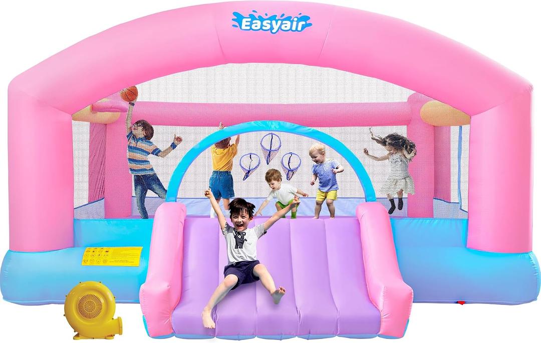 Large Bounce House for Big Kids, 14.8 x 14.5 FT Inflatable Bouncer Jumper Slide with 650W Blower, Basketball Hoop, Throw Ball Game, Ball Pits, 14.8'L X 14.5'W X 7.8'H