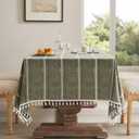 ZeeMart Hemstitched Embroidery Striped Boho Tablecloth 60x104 Inch Olive, Heavy Weight Farmhouse Burlap Linen Green Tablecloth, Wrinkle Resistant Washable Table Cloth for Rectangle Table