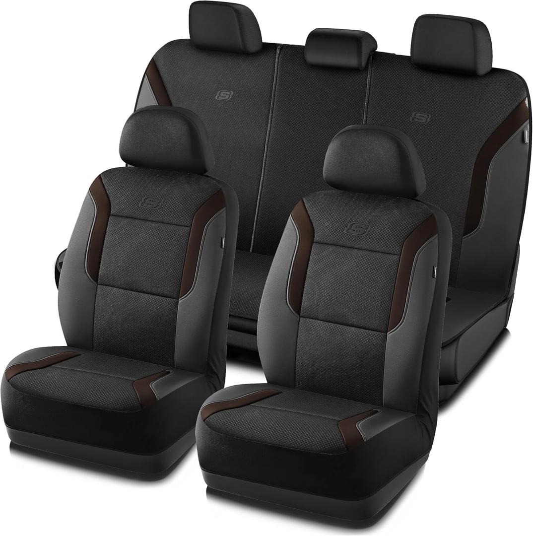 Skechers Memory Foam Car Seat Covers, Air Cool Mesh Thick Seat Covers, Car Seat Full Sets Airbag Compatible, Automotive Comfort for Most Cars,Vans,Trucks, SUVs,Brown