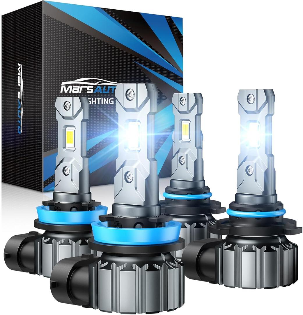 Marsauto M1S 9005/HB3 H11/H9/H8 Bulbs Combo, 900% 60000LM Brighter 9005 H11 Lights, 6000K Cool White HB3 H8 Bulbs fog, 3-Mins Plug and Play, IP68, Pack of 4