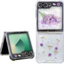 Abbery for Samsung Galaxy Z Flip 5/6/Z Flip 7 FE Case Cute Glitter Clear with Real Dried Pressed Flower Design-Purple Gypsophila Floral Girly Aesthetic Women Bling Sparkly Protective Shockproof Cover Purple Flower