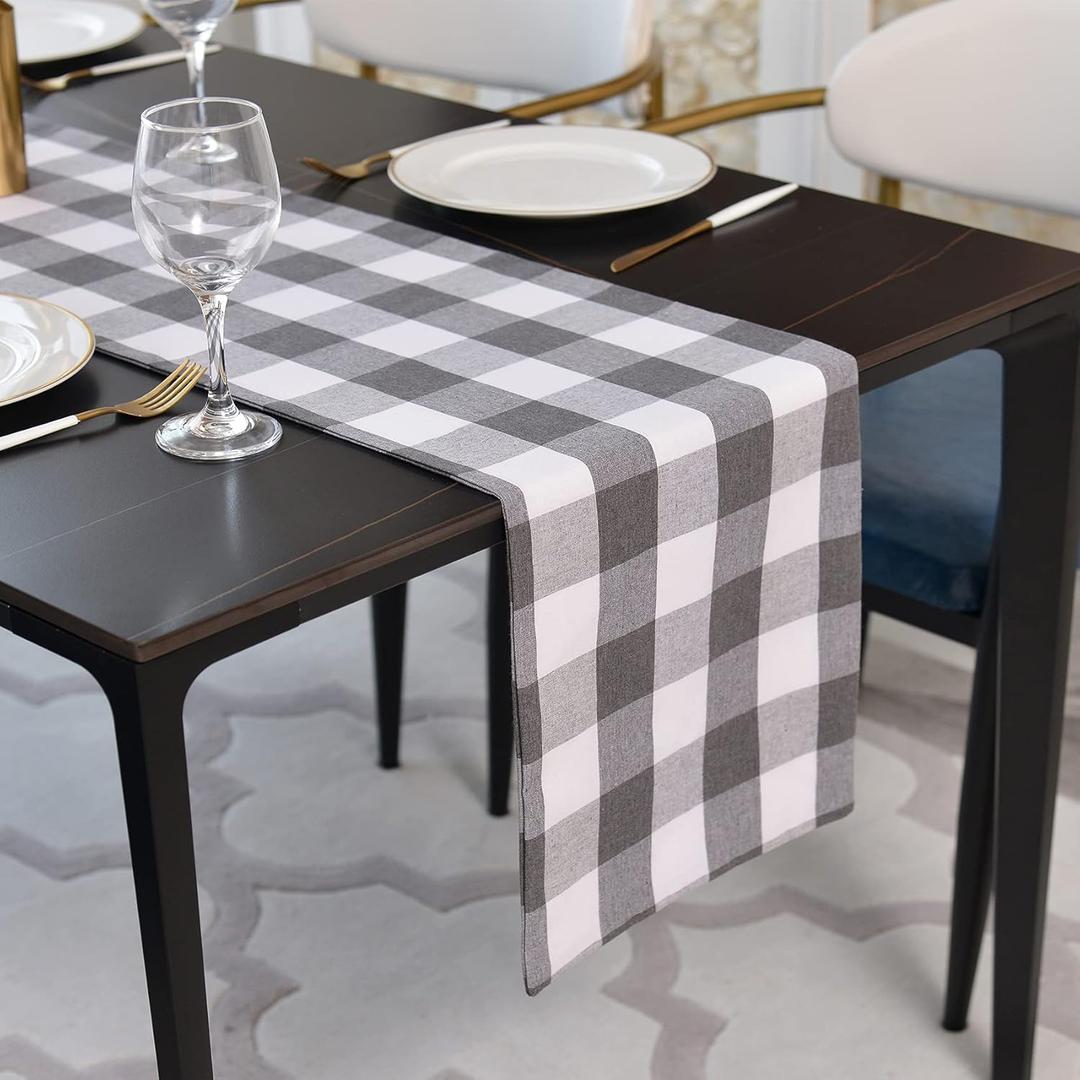 Grey & White 2 Side Buffalo Check Farmhouse Table Runner for Family Dinners or Gatherings, Indoor or Outdoor Parties, Everyday Use (12" x 36")