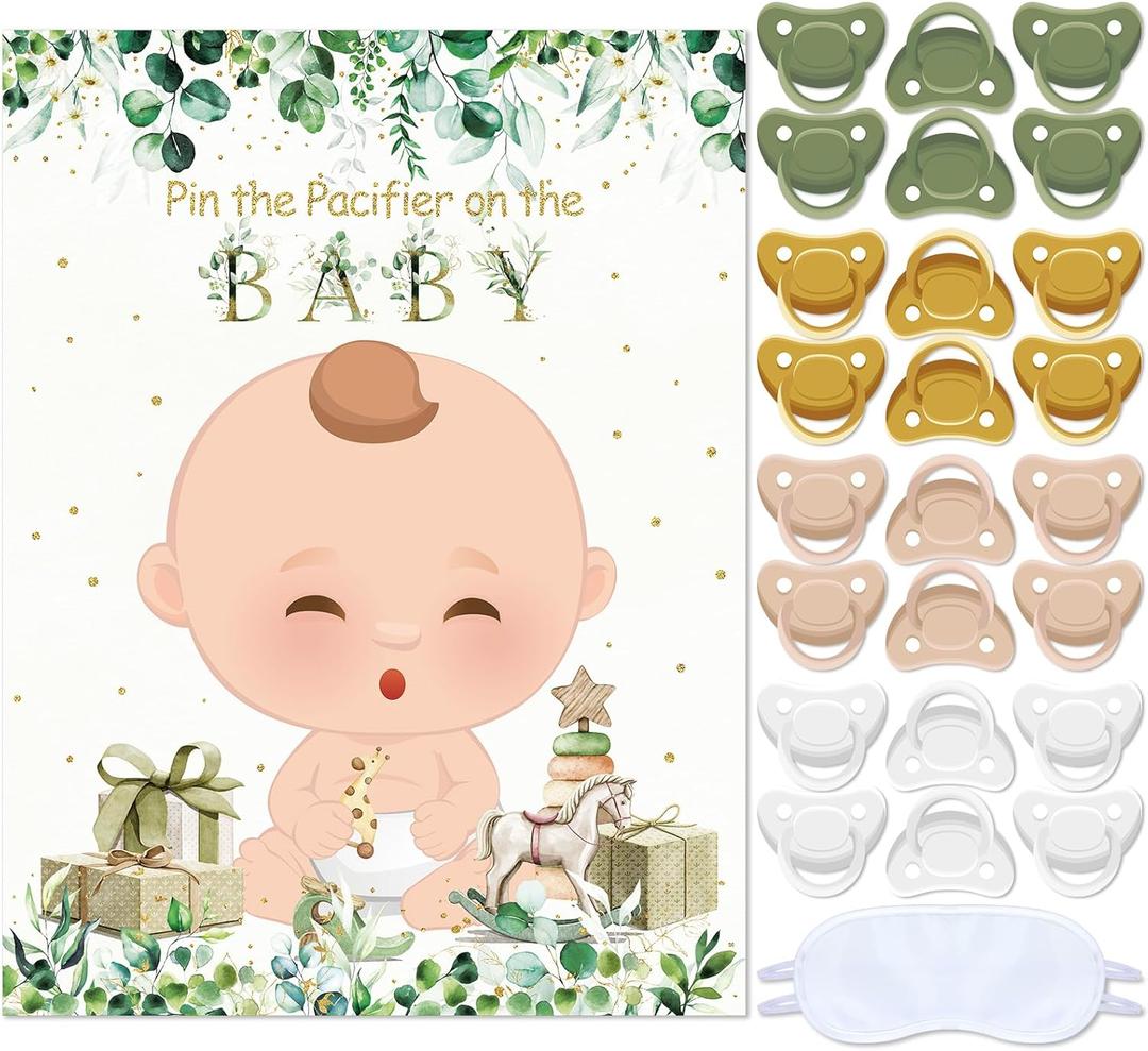 Faccito Pin The Pacifier on The Baby Party Games Sage Green Baby Shower Decorations Pin The Pacifier Games with Poster 24 Stickers Game Blindfold for Sage Green Shower Birthday Party Supplies (Fair)