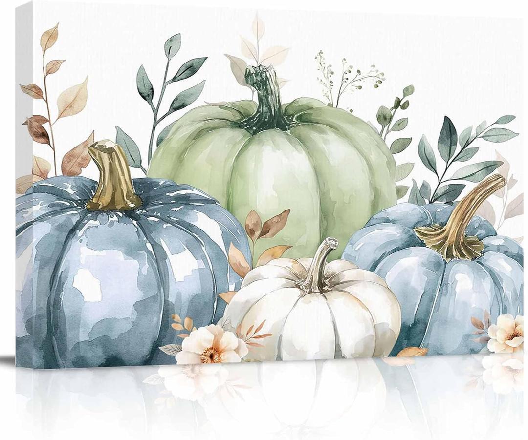 Fall Canvas Wall Art - Eucalyptus Leaf Thanksgiving Pumpkin Patch - Modern Wall Decor Gallery Canvas Wraps Giclee Print Stretched and Framed Ready to Hang - 12" x 16" (Sky Blue White)