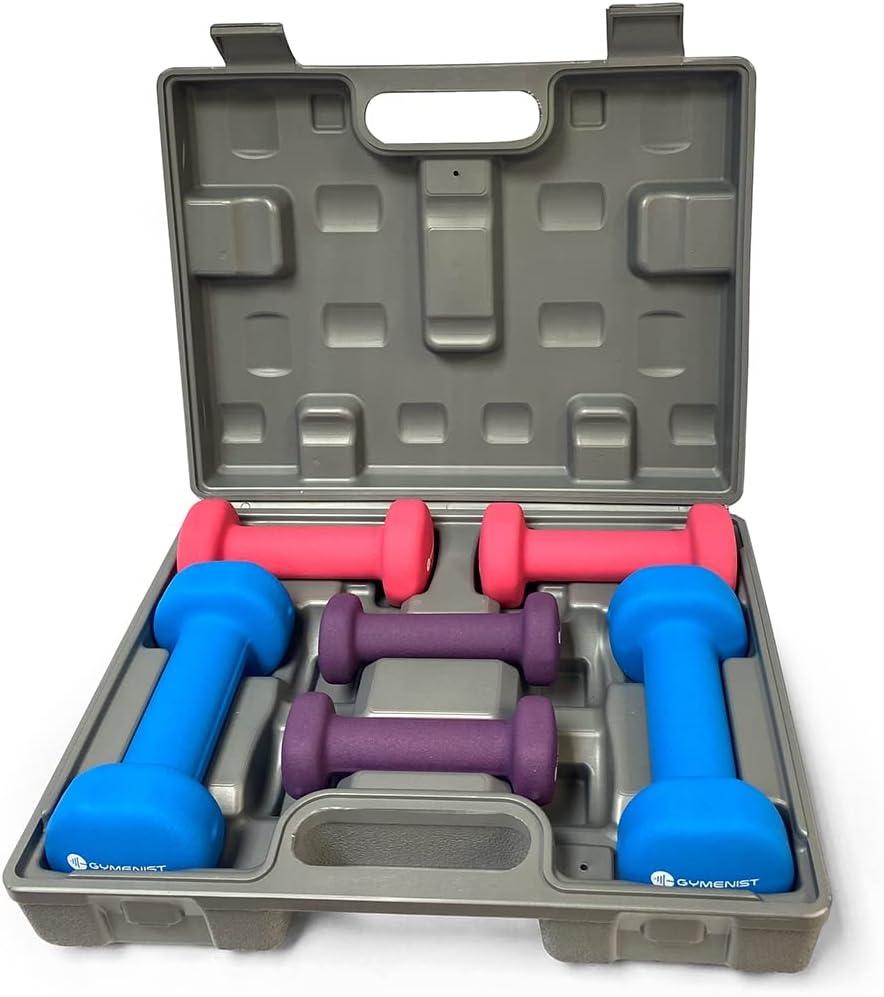 Gymenist Dumbbell Set With Hard Plastic Case Includes 3 Pairs And A Hard Travel Carry Storage Case (1LB - 2LB - 4LB)